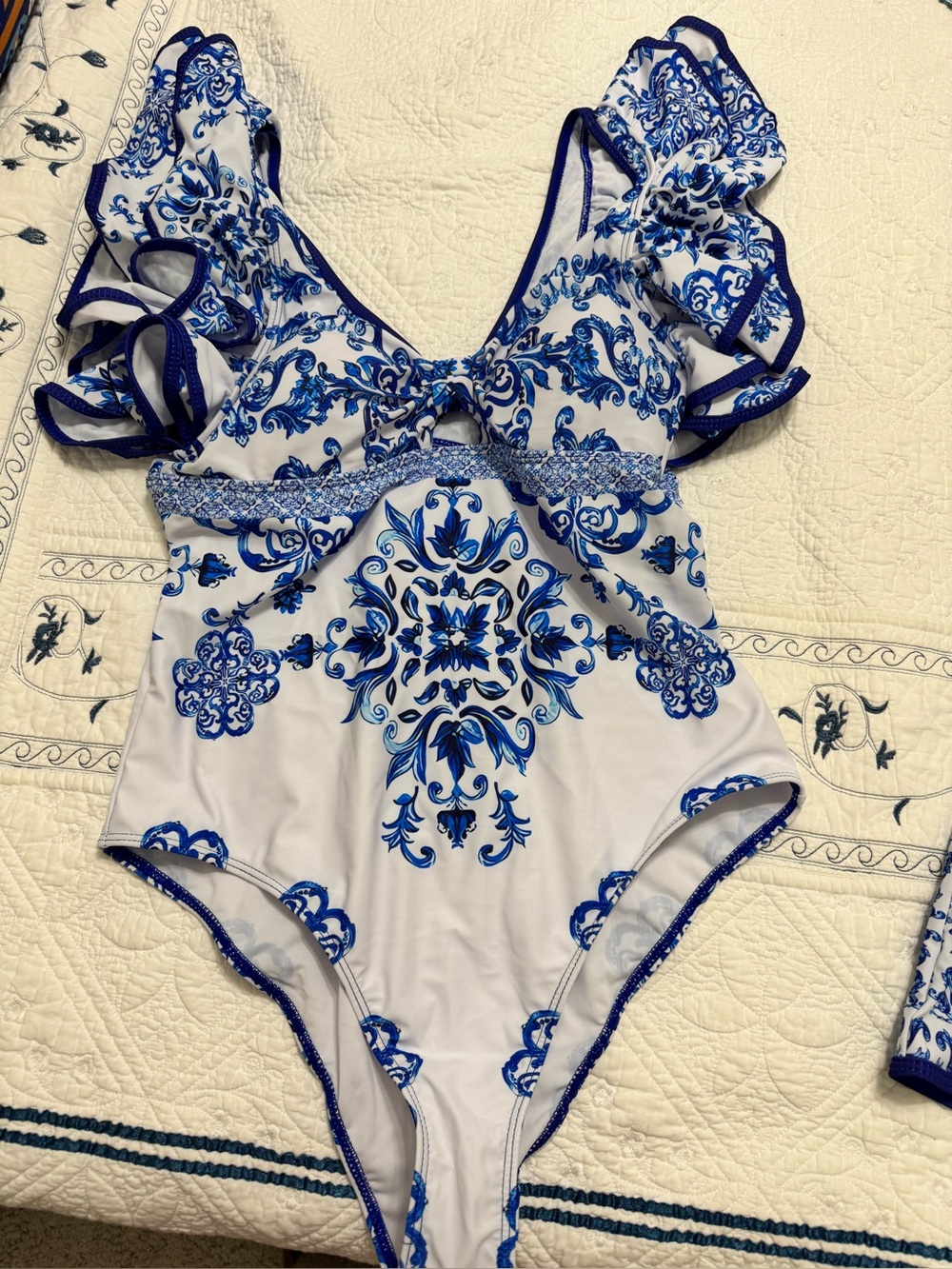 Blue Floral Ruffled One-Piece Swimsuit and skirt cover XL (fits small)